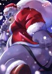  2022 anthro bear belly big_belly blush bodily_fluids butt christmas christmas_clothing christmas_headwear clothing hat headgear headwear hi_res holidays inuiookawa kemono male mammal moobs nipples outside overweight overweight_male santa_claus santa_hat snow snowing solo sweat underwear 