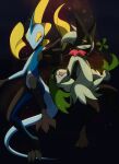  2others absurdres black_background bright_pupils claws closed_mouth commentary_request fang furry highres inteleon meowscarada multiple_others open_mouth orange_eyes pokemon pokemon_(creature) smile white_pupils yellow_eyes zymonasyh 