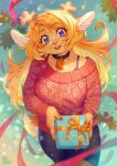  anthro antlers aruurara bell bell_collar blonde_hair bottomwear bow_ribbon bra_strap capreoline christmas clothing collar deer deltarune female gift hair hi_res holidays holly_(plant) horn long_hair mammal noelle_holiday open_mouth pants plant reindeer smile snow solo sweater topwear undertale_(series) 