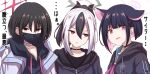  3girls animal_ears bandaged_neck bandages black_choker black_hair black_hoodie black_horns black_mask blue_archive brown_hair check_translation choker colored_inner_hair earrings empty_eyes generic_33 hair_between_eyes halo highres hood hood_down hoodie horns jacket jewelry kayoko_(blue_archive) kazusa_(blue_archive) looking_at_viewer looking_away mask misaki_(blue_archive) mouth_mask multicolored_hair multiple_girls pink_eyes pink_hair purple_hair red_eyes short_hair simple_background surgical_mask translation_request two-tone_hair upper_body white_background white_hair white_jacket 