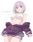  1girl absurdres bikini bikini_under_clothes breasts cowboy_shot front-tie_bikini_top front-tie_top gridman_universe highres jacket large_breasts light_purple_hair medium_hair navel purple_jacket red_eyes shinjou_akane sincos smile ssss.gridman stomach swimsuit white_background white_bikini 