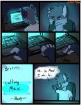  5_fingers anthro border brown_eyes canid canine comic computer dialogue dipstick_ears english_text fingers fox fur grey_body grey_fur hi_res inside laptop male mammal multicolored_ears sitting solo starrffax starrffax_(fox_sona) text 