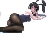  1girl animal_ears ass bangs bare_arms bare_shoulders black_hair black_pantyhose blue_eyes blue_leotard blurry breasts closed_mouth commentary fake_animal_ears feet_out_of_frame hair_ornament hairclip hand_on_own_chin leotard long_hair looking_at_viewer lying medium_breasts on_side pantyhose playboy_bunny rabbit_ears sakurajima_mai seishun_buta_yarou simple_background solo strapless strapless_leotard t7s-kuroro thighs white_background wrist_cuffs 