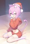  1girl absurdres akuto_(akuto_desu) animal_ears bangs blush breasts cat_ears cat_girl cat_tail crossed_bangs hair_between_eyes hat highres hololive hood hoodie indoors kneeling looking_at_viewer medium_breasts midriff nekomata_okayu on_bed purple_eyes purple_hair red_hoodie red_shorts santa_costume santa_hat short_hair shorts sitting solo steam steam_from_mouth tail thighhighs thighs virtual_youtuber wariza white_thighhighs 