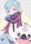  1boy aqua_eyes aqua_hair blue_mittens blue_scarf blush cetoddle commentary_request eyelashes grusha_(pokemon) hand_up highres ichigomilk1515 jacket long_hair long_sleeves male_focus pants pokemon pokemon_(creature) pokemon_(game) pokemon_sv scarf scarf_over_mouth snowing striped striped_scarf yellow_jacket 