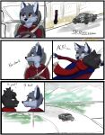  anthro black_body black_fur canid canine car comic dialogue duo embrace english_text eyes_closed felid feline fox fur grey_body grey_fur hi_res hug inside_car male mammal mountain open_mouth outside scarf starrffax starrffax_(fox_sona) text vehicle 