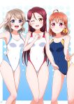  3girls :d ;d absurdres ahoge bangs bare_arms bare_legs blue_eyes blue_one-piece_swimsuit blush bow breasts brown_hair closed_mouth clover_hair_ornament collarbone competition_swimsuit covered_navel hair_between_eyes hair_bow hair_ornament hairclip hand_on_another&#039;s_shoulder haruharo_(haruharo_7315) highres long_hair looking_at_viewer love_live! love_live!_sunshine!! medium_breasts multiple_girls one-piece_swimsuit one_eye_closed open_mouth red_eyes red_hair sakurauchi_riko salute shiny shiny_hair small_breasts smile standing striped striped_one-piece_swimsuit swimsuit takami_chika thigh_gap v vertical-striped_swimsuit vertical_stripes watanabe_you white_one-piece_swimsuit yellow_bow yellow_eyes 