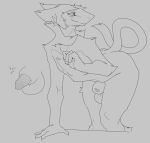  2022 4_fingers animal_genitalia anthro balls bent_over fingers genitals line_art male monochrome nude penis penis_tip sergal servali_sketch sheath simple_background solo 