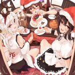  3girls alcohol black_skirt cake cake_slice christmas_cake cup drunk english_text fake_antlers food fork fruit hat highres himekaidou_hatate holding holding_cup inubashiri_momiji kagami_toufu kotatsu looking_at_viewer looking_back merry_christmas multiple_girls orange_(fruit) plate red_eyes sake santa_hat shameimaru_aya shirt short_sleeves skirt smile strawberry table touhou white_shirt 