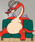  3_toes belly big_belly claws dragon el_booki feet furniture horn long_neck male moobs nintendo overweight scalie sitting sofa solo the_legend_of_zelda toes valoo wind_waker wings 