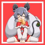  1girl absurdres animal_ears closed_eyes gift grey_hair highres liner41 long_sleeves mouse_ears mouse_girl mouse_tail nazrin red_background red_eyes sack santa_costume scarf sitting smile solo tail touhou yellow_scarf 