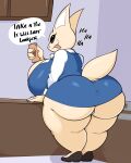  absurd_res aggressive_retsuko anthro big_breasts big_butt black_eyes breasts butt can canid canine clothed clothing container dress english_text fennec fenneko fox hi_res holding_can holding_container holding_object huge_breasts huge_butt laugh mammal open_mouth sanrio speech_bubble text thong underwear virito 