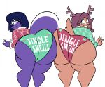  anthro antlers ass_to_ass bent_over big_butt brown_body brown_hair butt capreoline christmas christmas_clothing christmas_sweater christmas_topwear clothing deer duo female green_eyes hair hi_res holidays horn looking_back mammal mephitid mug mythabyss panties purple_body reindeer simple_background skunk sweater topwear underwear 