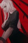  1girl absurdres black_shirt blood blood_on_face bra breasts cuffs demon_girl demon_horns demon_tail half-closed_eyes handcuffs helltaker highres horns long_hair lucifer_(helltaker) mole mole_under_eye octorypo red_eyes shirt tail underwear white_bra white_hair white_horns 