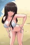  1girl ass beach bikini black_hair blush breasts brown_eyes cleavage closed_mouth collarbone girls_und_panzer hand_on_hip highres large_breasts long_hair looking_at_viewer matsui_yasutsugu navel nishizumi_shiho ocean outdoors shiny shiny_hair side-tie_bikini_bottom solo swimsuit thong_bikini white_bikini 