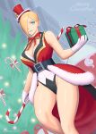  1girl bare_legs belt blonde_hair breasts candy candy_cane christmas christmas_lights christmas_tree falke_(street_fighter) food gift gloves green_eyes green_lips hair_over_one_eye hat large_breasts leotard noppo_(tarstation) red_ribbon ribbon solo street_fighter street_fighter_v thighs white_gloves 