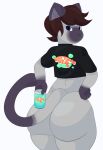  abstract_background absurd_res anthro beverage_can big_butt blue_eyes brown_hair butt clothing crop_top cytrusawa domestic_cat felid feline felis fur grey_body grey_fur hair hand_on_hip hi_res huge_butt looking_at_viewer male mammal purple_body purple_fur shirt siamese solo text text_on_clothing thick_thighs topwear valery_funika 