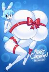  angstrom anthro big_breasts blep blue_eyes blue_hair blush breasts dipstick_ears english_text exclamation_point female hair hi_res huge_breasts hyper hyper_breasts lagomorph leporid mammal molly_(angstrom) multicolored_ears navel rabbit ribbons scut_tail short_tail smile solo text thick_thighs tongue tongue_out 