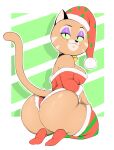  2022 anthro big_butt butt christmas clothed clothing domestic_cat eyeshadow felid feline felis female hi_res holidays kneeling looking_at_viewer looking_back looking_back_at_viewer makeup mammal simple_background smile smiling_at_viewer solo usnarbit 