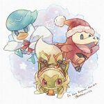  :3 bell bright_pupils closed_mouth clothed_pokemon commentary fuecoco hat kotone11152 open_mouth pokemon quaxly red_eyes red_headwear santa_hat smile sprigatito star_(symbol) starter_pokemon_trio white_pupils 