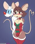  absurd_res anthro arms_tied big_breasts big_ears blue_sclera bodily_fluids bound bow_tie breasts brown_body brown_fur brown_hair buckteeth christmas christmas_clothing christmas_stocking cleavage clothed clothing cooliehigh duo female fur hair heart_tail hi_res holidays julia_brain leotard male male/female mammal mouse murid murine notched_ear open_mouth pinky_(warner_brothers) red_nose rodent simple_background smile standing sweat sweatdrop teeth white_body white_fur 