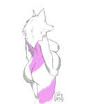  anthro areola butt canid canine canis domestic_dog female fur hand_on_hip looking_away mammal nude orso_(artist) pink_areola pink_body pink_fur pose pregnant pregnant_female rear_view slightly_chubby smile solo standing tailless 