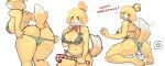  2022 animal_crossing anthro bell belly big_breasts big_butt biped blush bodily_fluids bow_ribbon breasts butt butt_focus butt_pose camel_toe canid canine canis christmas clothing cross-eyed death_by_snu_snu dialogue digital_media_(artwork) domestic_dog duo english_text facesitting feet female female_anthro fur hi_res holidays human human_on_anthro interspecies isabelle_(animal_crossing) larger_female looking_back male male/female mammal moril motion_lines multicolored_body multicolored_fur nintendo pose presenting rear_view ribbons shih_tzu size_difference smile solo steam sweat swimwear tail_motion tailwag text thick_thighs toy_dog two_tone_body two_tone_fur unconscious villager_(animal_crossing) yellow_body yellow_fur 
