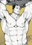  1boy abs absurdres armpits arms_up bara beard boku_no_hero_academia endeavor_(boku_no_hero_academia) facial_hair highres looking_at_viewer male_focus mature_male muscular muscular_male parted_lips pectorals solo spiked_hair stubble teeth toro_(dekkkkkkkkka) undressing upper_body 