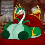  anthro big_breasts bloodino breasts busty_feral chair colored dragon-heart female feral furniture generation_5_pokemon green_body green_nipples green_skin hi_res huge_breasts hyper hyper_breasts inside nintendo nipples non-mammal_breasts pokemon pokemon_(species) queen_duchess_(character) serpentine serperior solo text throne white_body white_skin 