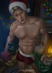  1boy abs bara blonde_hair box boxer_briefs bulge christmas christmas_lights christmas_ornaments closed_mouth facial_hair gift gift_box hat highres holding holding_gift large_pectorals male_focus male_underwear muscular muscular_male navel nipples pectorals red_male_underwear reiner_braun santa_hat shingeki_no_kyojin short_hair solo thighs underwear urielbeaupre15 