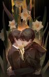  2boys abstract_background absurdres bangs black_cloak black_hair black_jacket chinese_commentary cloak closed_eyes cocozha commentary_request flower flower_in_mouth highres hug implied_yaoi jacket kiss klein_moretti lord_of_the_mysteries multiple_boys nail nectar plant selfcest shirt short_hair water_drop white_shirt 