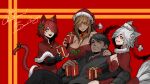  1boy 3girls absurdres animal_ear_fluff animal_ears artist_name bare_shoulders black_gloves black_pants black_sclera black_shirt blush breasts brown_hair cat_ears cat_girl cat_tail character_request choker christmas cleavage colored_sclera copyright_request dress elbow_gloves gift gloves grin hair_over_one_eye hat highres holding holding_gift huge_breasts less lips lipstick long_hair makeup medium_breasts merry_christmas mistletoe multiple_girls multiple_tails no_bra open_mouth orange_choker orange_eyes pants pointy_ears purple_eyes red_dress red_hair ribbon ribbon_choker santa_costume santa_dress santa_hat scar scar_on_face scar_on_nose shirt short_hair sidelocks simple_background slit_pupils smile strapless strapless_dress tail tail_ornament tail_ribbon teeth upper_teeth_only white_hair 