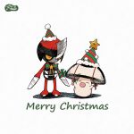  ^_^ bow closed_eyes clothed_pokemon foongus hat merry_christmas no_humans oyasuminjyutsu party_hat pawniard pokemon pokemon_(creature) red_ribbon ribbon signature standing white_background 