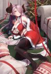  1girl absurdres armchair bare_shoulders black_pantyhose blacktail_hihi blue_eyes breasts chair christmas christmas_tree cleavage closed_mouth detached_collar draph granblue_fantasy hair_over_one_eye highres horns indoors large_breasts light_purple_hair light_smile long_hair looking_at_viewer lying narmaya_(granblue_fantasy) on_side pantyhose red_ribbon red_skirt ribbon santa_costume skirt smile solo very_long_hair 