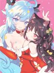  2girls ahoge aimani_(vtuber) animal_ear_fluff animal_ears arm_up bare_shoulders bell black_hair blade_(galaxist) blue_eyes blue_hair blush bow breasts cat_ears cat_girl cat_tail cleavage closed_mouth collarbone commentary_request double_bun dress fur-trimmed_dress fur-trimmed_sleeves fur_trim hair_bell hair_bun hair_ornament highres jingle_bell long_hair long_sleeves medium_breasts mizuboshi_yamu multicolored_hair multiple_girls multiple_tails nekoyama_nae pink_background pink_bow pink_hair red_dress red_eyes red_sleeves santa_costume short_eyebrows simple_background sleeves_past_wrists smile sparkle star_(symbol) star_hair_ornament strapless strapless_dress streaked_hair tail tail_bow tail_ornament thick_eyebrows toranoana two_tails v very_long_hair virtual_youtuber yellow_bow 