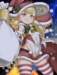  1girl armpit_crease ass_visible_through_thighs blonde_hair cape christmas covered_navel detached_sleeves earrings eitri_(fire_emblem) fire_emblem fire_emblem_heroes hat highres jewelry long_hair looking_at_viewer miniskirt prehensile_hair red_eyes santa_costume santa_hat skirt smile snowing striped striped_thighhighs thighhighs user_ppkj7438 