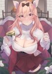  1girl animal_ears blush bow breasts christmas cleavage cleavage_cutout clothing_cutout coffee commentary_request cowboy_shot cup earrings fireplace food food_on_face frown girls&#039;_frontline girls&#039;_frontline_neural_cloud hair_between_eyes hair_bow highres holding holding_cup indoors jewelry large_breasts long_sleeves looking_at_viewer official_alternate_costume persicaria_(girls&#039;_frontline_nc) pink_eyes pink_hair red_skirt ribbed_sweater sakana-ko skindentation skirt snowflake_earrings solo sweater thighhighs white_sweater 