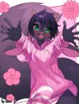  2021 5_fingers anthro black_body black_fur buckteeth clothed clothing digital_media_(artwork) etivka female fingers floppy_ears fluffy fluffy_tail fur green_eyes hair hi_res lagomorph leporid long_ears looking_at_viewer mammal open_mouth pink_clothing pink_nose rabbit simple_background smile solo teeth 