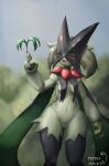  2022 3_fingers :3 anthro black_body black_claws black_fur blue_sky blurred_background breasts claws day detailed_background female fingers front_view fur generation_9_pokemon gesture green_body green_fur green_hair hair hi_res leaf meowscarada narrowed_eyes navel nintendo open_mouth open_smile outside peppergecko72 pointing pokemon pokemon_(species) portrait pseudo_clothing pupils red_eyes sky slit_pupils small_breasts small_waist smile solo squint standing thick_thighs three-quarter_portrait wide_hips 