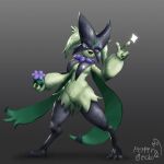  2022 3_fingers 3_toes :3 anthro black_body black_fur breasts claws digitigrade featureless_crotch feet female fingers front_view full-length_portrait fur generation_9_pokemon gesture gradient_background green_body green_fur green_sclera grey_background hi_res holding_object looking_away meowscarada nintendo nude open_mouth open_smile peppergecko72 pointing pokemon pokemon_(species) portrait pseudo_clothing purple_eyes shiny_pokemon simple_background small_waist smile solo thick_thighs toes wide_hips wide_stance 