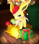  ambiguous_gender blue_eyes blush bodily_fluids christmas christmas_clothing christmas_headwear clothing eeveelution english_text feral fur generation_1_pokemon gift hakusha_setoka hat headgear headwear hi_res holidays jolteon nintendo pokemon pokemon_(species) santa_hat shy solo sweat text yellow_body yellow_fur 