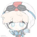  +_+ 1girl animification apex_legends armor black_bodysuit blonde_hair blue_eyes bodysuit breastplate chibi commentary goggles goggles_on_headwear haiping_xian helmet official_alternate_costume open_mouth scar scar_on_cheek scar_on_face smile solo symbol-only_commentary upper_body wattson_(apex_legends) white_background white_headwear wired_for_speed_wattson 