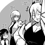  3girls alternate_breast_size arm_up black_camisole black_hair black_necktie black_pants braid braided_ponytail breasts camisole chainsaw_man cleavage collared_shirt contest_winner grey_background grey_hair greyscale hair_between_eyes higashiyama_kobeni horns jacket long_hair looking_at_another makima_(chainsaw_man) mark_gavatino medium_hair monochrome multiple_boys multiple_girls necktie open_mouth pants pointing pointing_at_another poll power_(chainsaw_man) ringed_eyes shaded_face sharp_teeth shirt shirt_tucked_in short_ponytail sidelocks single_sidelock smile sweat teeth white_jacket white_shirt 