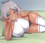  1girl ahoge angoha aqua_eyes arm_support black_panties breasts clenched_teeth dark-skinned_female dark_skin fang feet_out_of_frame grey_hair gundam gundam_suisei_no_majo highres large_breasts lying on_side panties secelia_dote shiny shiny_skin shirt short_hair sleeveless sleeveless_shirt smile solo teeth thick_thighs thighhighs thighs underwear white_shirt white_thighhighs 