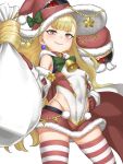 1girl alternate_costume armpit_crease ass_visible_through_thighs blonde_hair cape christmas covered_navel detached_sleeves earrings eitri_(fire_emblem) fire_emblem fire_emblem_heroes hat highres jewelry long_hair looking_at_viewer miniskirt prehensile_hair red_eyes santa_costume santa_hat skirt smile striped striped_thighhighs thighhighs user_ppkj7438 white_background 