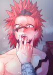  2boys absurdres bakugou_katsuki blush boku_no_hero_academia finger_to_another&#039;s_mouth grey_background highres kirishima_eijirou male_focus multiple_boys red_eyes red_hair sharp_teeth short_hair simple_background solo_focus souta_(souta440) spiked_hair teeth tongue tongue_out upper_body yaoi 