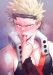  2boys absurdres bakugou_katsuki blonde_hair blush boku_no_hero_academia finger_to_another&#039;s_mouth grey_background highres kirishima_eijirou large_pectorals male_focus multiple_boys muscular muscular_male pectorals red_eyes sharp_teeth short_hair simple_background solo_focus souta_(souta440) spiked_hair teeth tongue tongue_out upper_body yaoi 