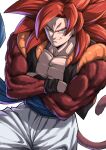  abs bangs blue_sash body_fur brown_fur closed_mouth crossed_arms dragon_ball dragon_ball_gt fusion fusion_dance gogeta green_eyes highres large_pectorals long_hair looking_at_viewer male_focus metamoran_vest monkey_boy monkey_tail muscular muscular_male pectorals red_hair sash shouji_nigou simple_background smile smirk solo spiked_hair super_saiyan super_saiyan_4 tail 