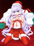  1girl absurdres alternate_breast_size alternate_costume breasts dress fur-trimmed_headwear grey_hair hair_ribbon hakkai hat highres kantai_collection large_breasts long_hair murakumo_(kancolle) orange_eyes red_dress red_headwear red_thighhighs ribbon santa_hat sidelocks solo strapless strapless_dress thick_eyebrows thighhighs tress_ribbon 