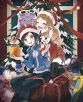  1boy 1girl :d blue_jacket box calem_(pokemon) christmas christmas_tree closed_eyes commentary delibird espurr fletchling gift gift_box hat highres jacket long_hair long_sleeves on_head open_mouth pokemon pokemon_(creature) pokemon_(game) pokemon_on_head pokemon_xy red_headwear red_ribbon red_skirt ribbon santa_hat serena_(pokemon) shirt shoes short_hair sitting skirt sleeveless sleeveless_shirt smile teeth thighhighs tongue tyou08665851 upper_teeth_only 